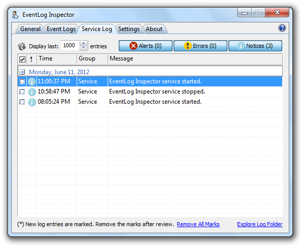 EventLog Inspector - Service Log Tab