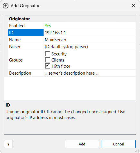 Add Originator - Properties Window