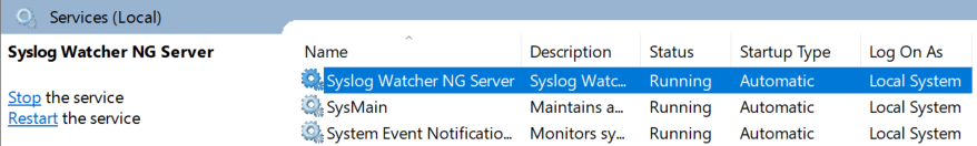 Syslog Watcher service in the list of Windows services