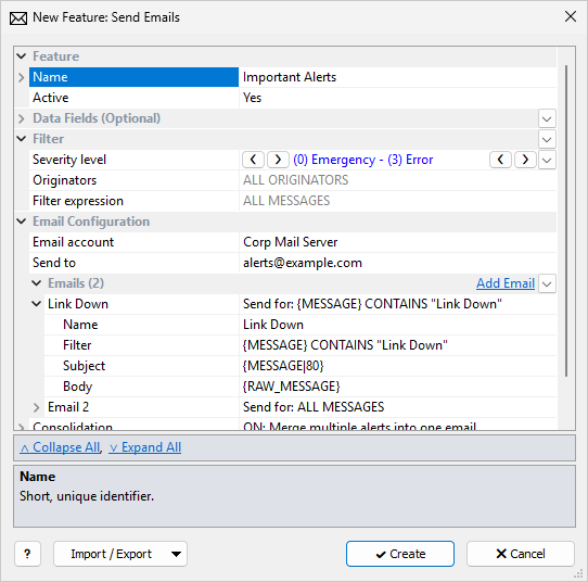 Syslog Watcher — Send Emails feature