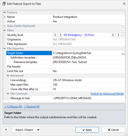 Syslog Watcher — Export to Files feature