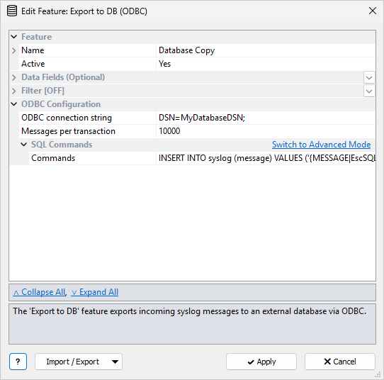 Syslog Watcher — Export to DB (ODBC) feature