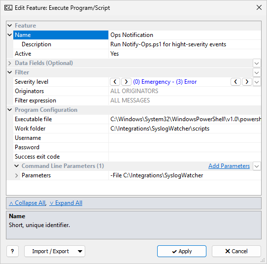 Syslog Watcher — Execute Program/Script feature