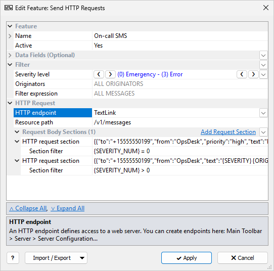 Syslog Watcher — Send HTTP Requests feature