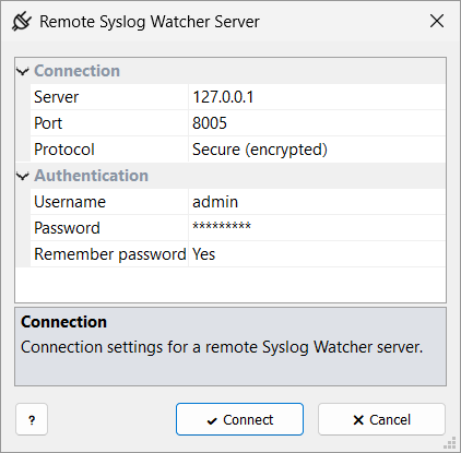 Remote Syslog Watcher Server window with Connection and Authentication settings