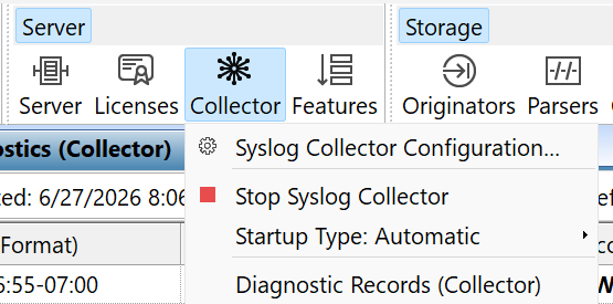 Server toolbar — Collector menu showing Start/Stop Syslog Collector and Startup Type options
