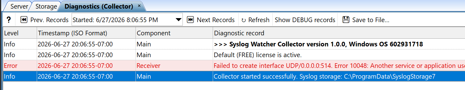 Diagnostics (Collector) tab — toolbar and records