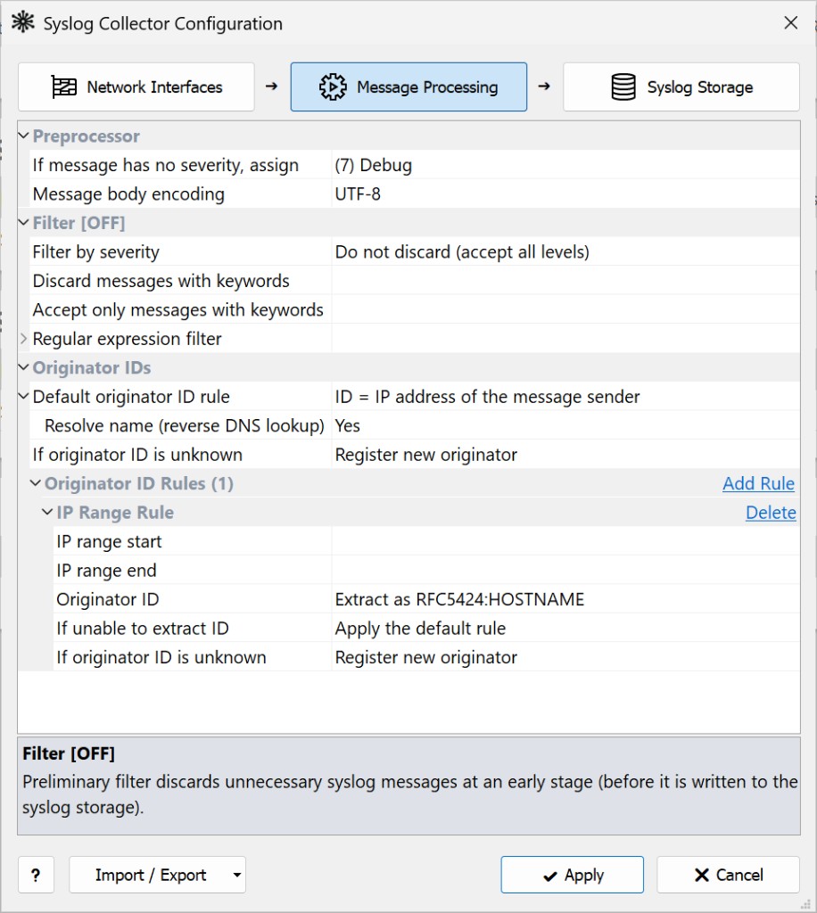 Syslog Collector Configuration — Message Processing tab