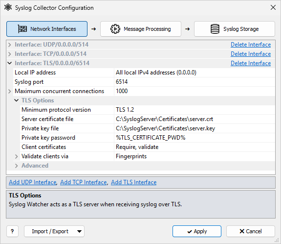Syslog Collector Configuration — Network Interfaces tab