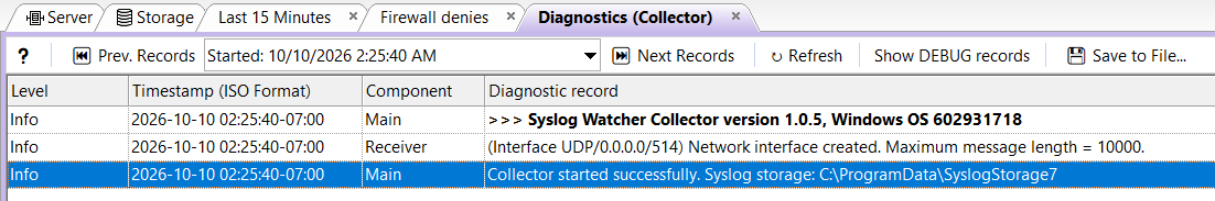 Diagnostics (Collector) tab — toolbar and records