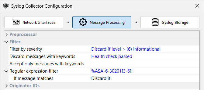 Message Processing tab with the Filter section expanded: severity filter, keywords, and regular expression filter