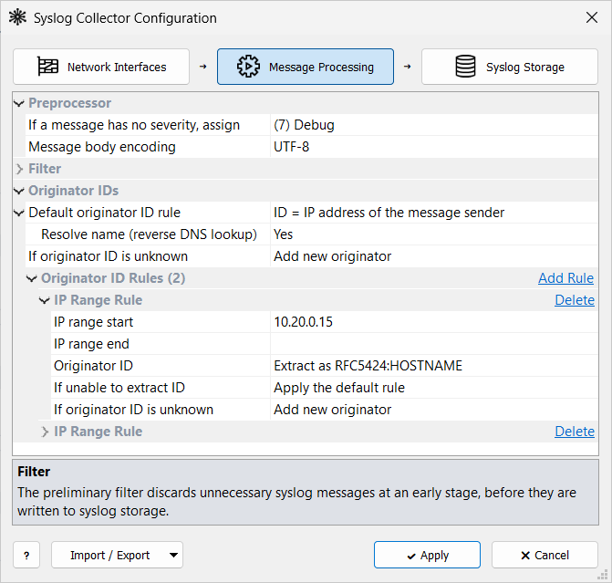Syslog Collector Configuration — Message Processing tab