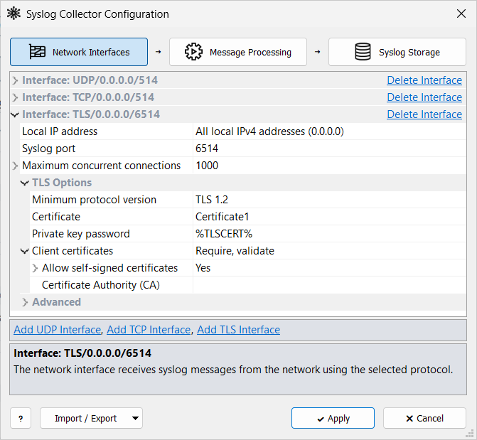 Syslog Collector Configuration — Network Interfaces tab with UDP