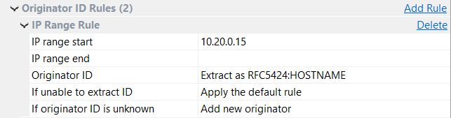 Originator ID Rules with one IP range rule: IP range start, IP range end, Originator ID, If unable to extract ID, If originator ID is unknown