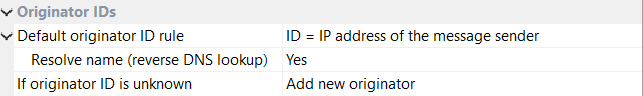 Originator IDs section: Default originator ID rule, Resolve name (reverse DNS lookup), If originator ID is unknown