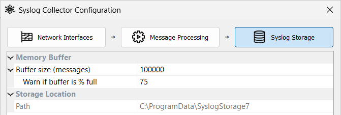 Syslog Collector Configuration — Syslog Storage tab: Memory Buffer and Storage Location