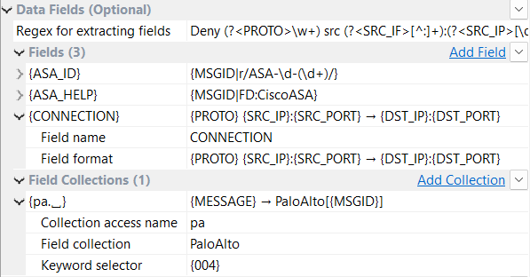 Syslog Watcher — Data Fields section: a regex with named groups for Cisco ASA deny messages, three Fields (ASA_ID, ASA_HELP, and CONNECTION), and the PaloAlto field collection with access name pa and the keyword taken from CSV value 004.