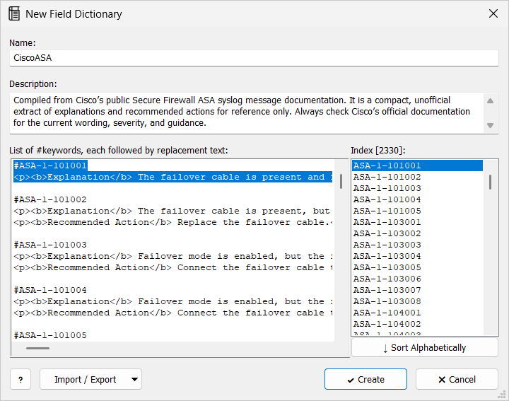 Syslog Watcher — New Field Dictionary window for CiscoASA. The keyword list has entries such as #ASA-1-101001 followed by HTML explanation and recommended action text, and the Index list shows 2330 keywords.
