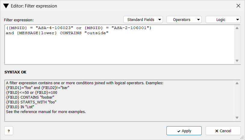 Syslog Watcher — Editor: Filter expression window with an expression that selects two Cisco ASA message IDs whose text contains "outside". The result line shows SYNTAX OK.