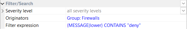 Syslog Watcher — Filter/Search section with Severity level set to all severity levels, Originators set to Group: Firewalls, and Filter expression set to {MESSAGE|lower} CONTAINS "deny".