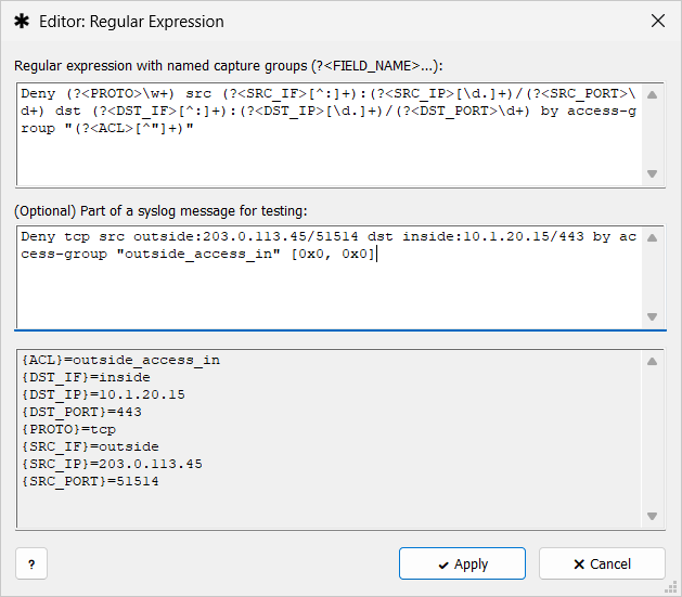 Syslog Watcher — Editor: Regular Expression window. A regular expression with eight named groups is tested on a Cisco ASA deny message, and the result lists the extracted fields, such as SRC_IP, DST_IP, DST_PORT, and ACL.