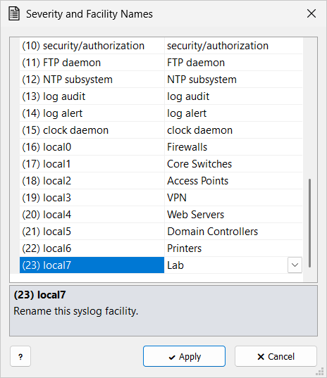 Syslog Watcher — Severity and Facility Names window. Facilities local0 to local7 are renamed to Firewalls, Core Switches, Access Points, VPN, Web Servers, Domain Controllers, Printers, and Lab.
