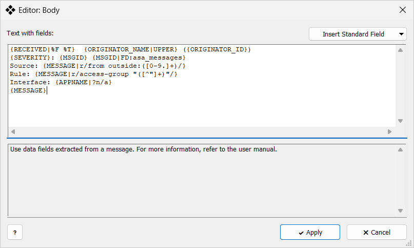 Syslog Watcher — Editor: Body window with an email body template. It uses a date format, an uppercase originator name, a field dictionary lookup, two regular expression extractions, and a fallback for an empty field.