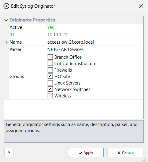 Edit Syslog Originator window: Active