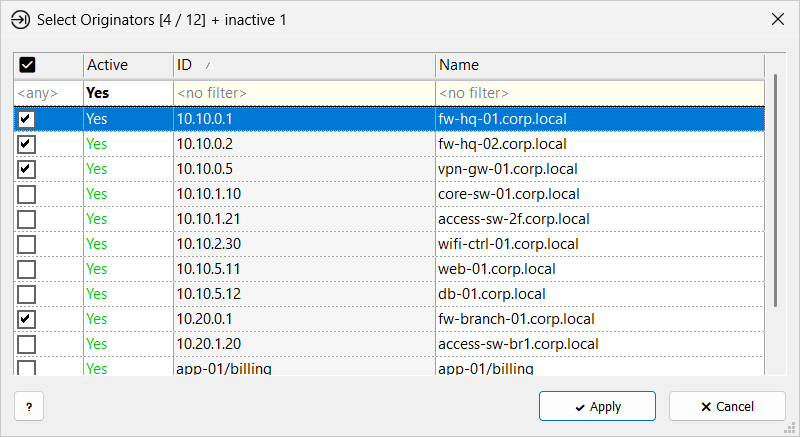 Select Originators window with four active originators checked; the filter row shows only active originators