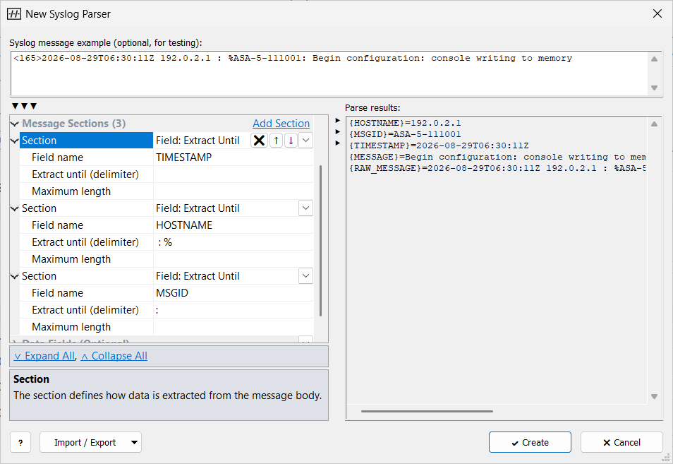 Syslog parser window: a message example at the top