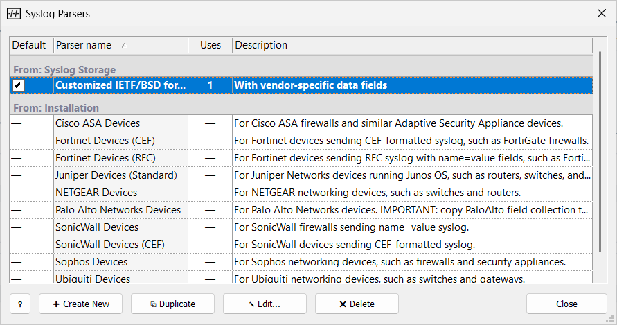 Syslog Parsers window: a customized parser in the Syslog Storage group