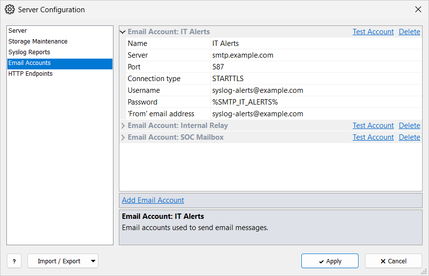 Email Accounts page: the IT Alerts account expanded with its settings and the Test Account and Delete links; two more accounts collapsed