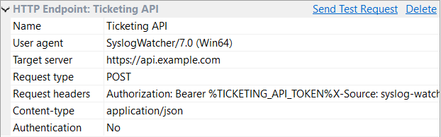 The Ticketing API endpoint with its settings and the Send Test Request and Delete links