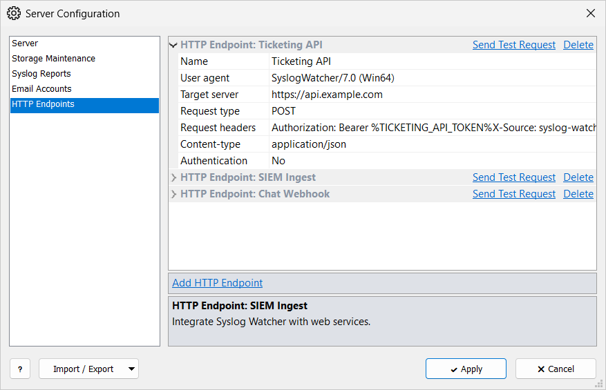 HTTP Endpoints page: the Ticketing API endpoint expanded with its settings and the Send Test Request and Delete links; two more endpoints collapsed