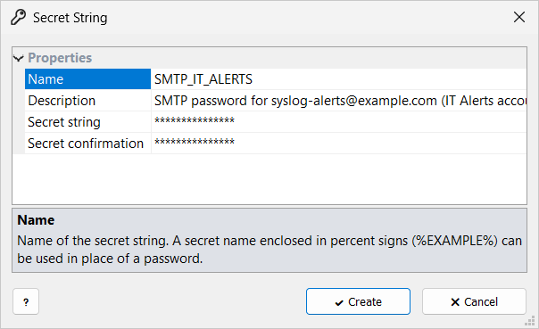 Secret String window: Name