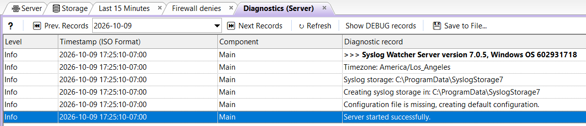 Diagnostics (Server) tab: toolbar with Prev. Records, date, Next Records, Refresh, Show DEBUG records, and Save to File; records from a server start