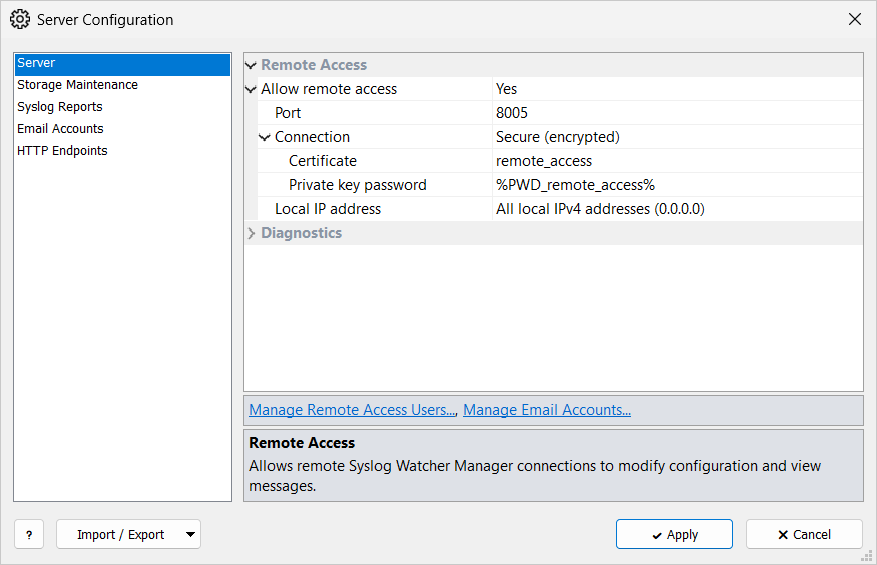 Server page of Server Configuration: Allow remote access set to Yes