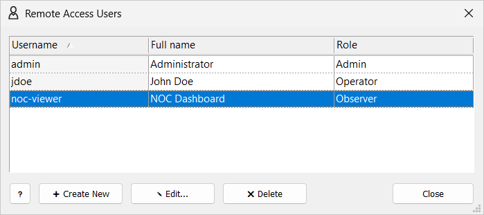 Remote Access Users window: three users with their full names and roles