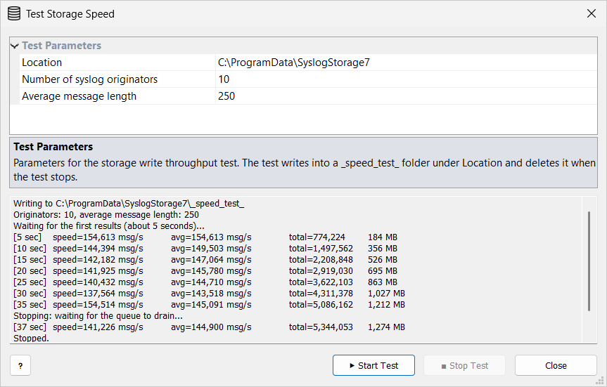 Syslog Watcher — Test Storage Speed window with test parameters and result lines