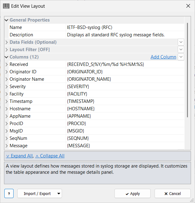 Edit View Layout window with General Properties