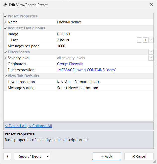 Edit View/Search Preset window with Preset Properties