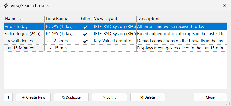 View/Search Presets window listing presets with their time range