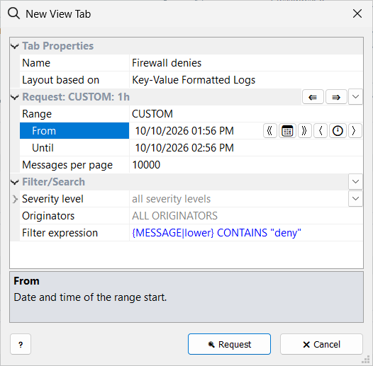 New View Tab window: tab name, layout, CUSTOM time range with From and Until, messages per page, and the filter