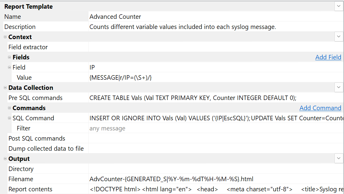 Template editor shows the result report template configuration