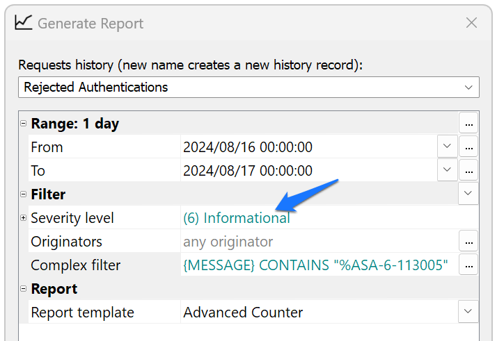 Report generator windows shows severity filter and complex filter