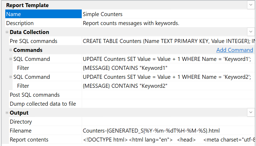 Template editor shows the result report template configuration